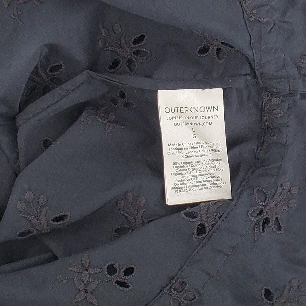 Outerknown Poet Blouse Women Large Black 100% Organic Cotton Eyelet Button Front - Picture 6 of 8
